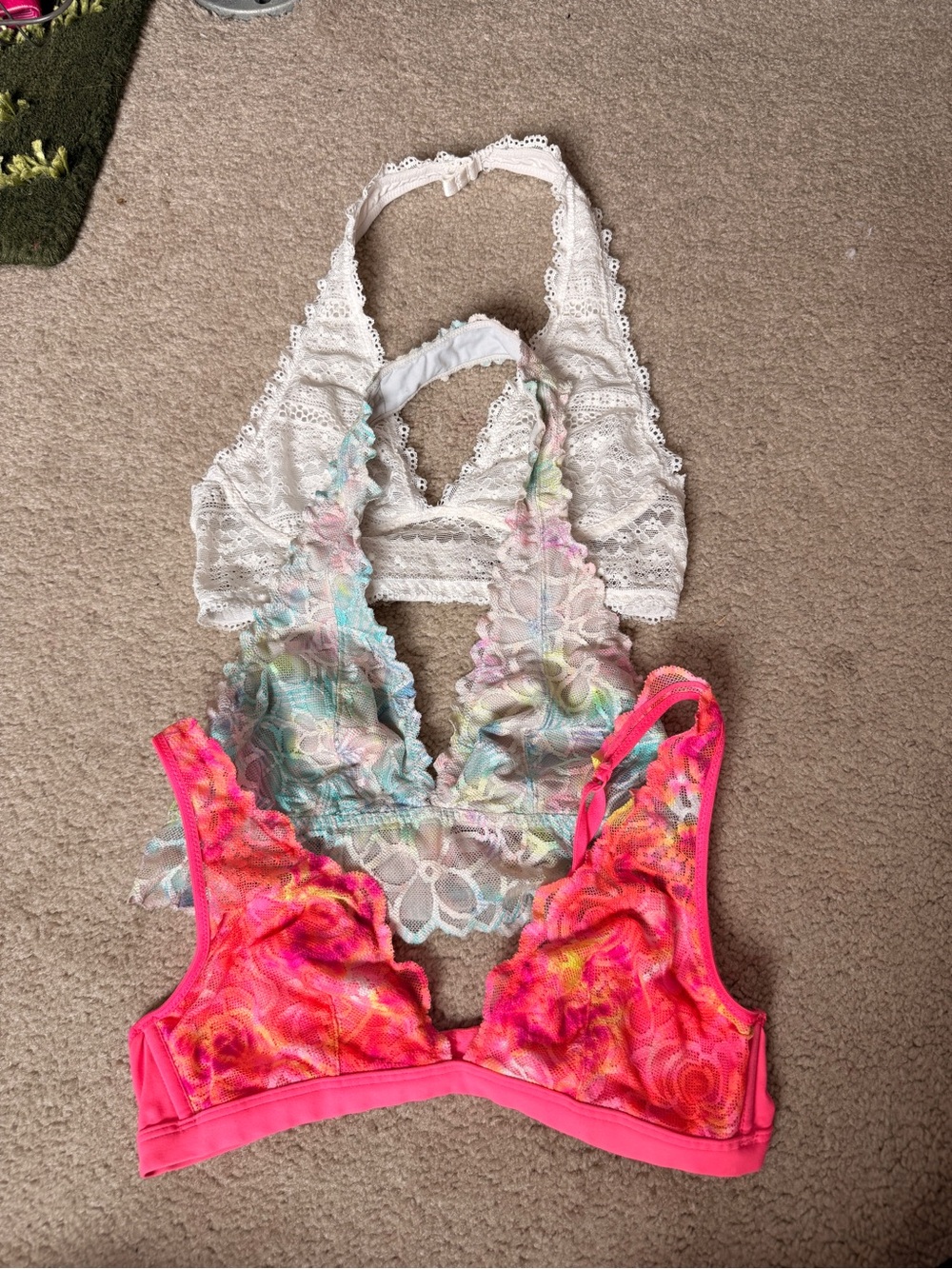 Victoria’s Secret PINK Lace Bralette Trio - White, Pastel Floral, Neon Pink XS/S